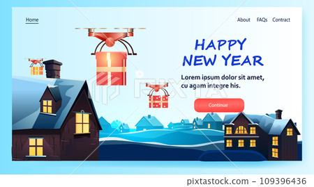 delivery drones carrying gift present boxes on snowy roofs merry christmas happy new year winter holidays airmail concept horizontal delivery drones carrying gift present boxes on snowy roofs merry christmas happy new year winter holidays airmail concept horizontal 109396436