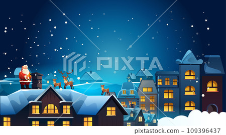 santa claus in red costume with reindeer standing together on house roof christmas eve holiday happy new year celebration template 109396437