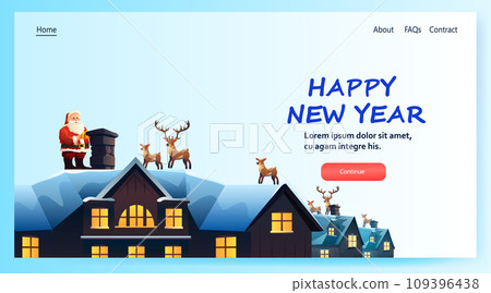 santa claus in red costume with reindeer standing together on house roof christmas eve holiday happy new year celebration template 109396438