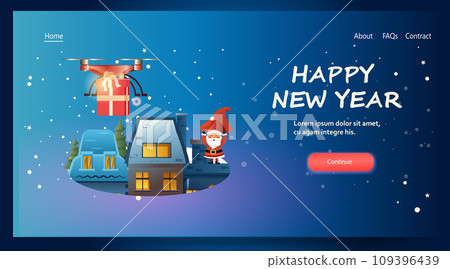 santa claus with delivery drone carrying gift box on snowy house roof merry christmas happy new year winter holidays airmail concept 109396439