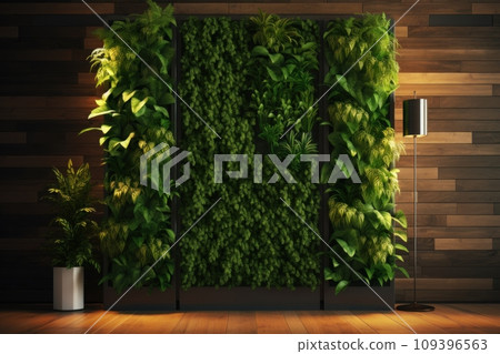 Stylish home interior with background from leaves and plants. Plant wall with lush green colors. Generative AI Stylish home interior with background from leaves and plants. Plant wall with lush green colors. Generative AI 109396563