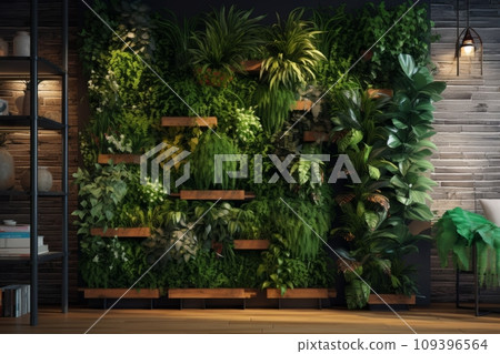 Stylish home interior with background from leaves and plants. Plant wall with lush green colors. Generative AI 109396564