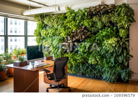 Eco home office with table, comfortable armchair and laptop. Vertical garden - wall design of green plants. Architecture, decor, eco concept. Generative AI 109396579
