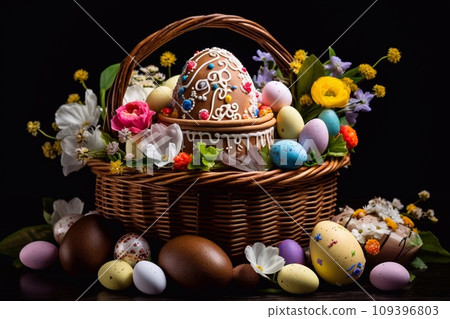 Easter eggs in a basket with flowers on a black background. Easter eggs in a basket with flowers on a black background. 109396803