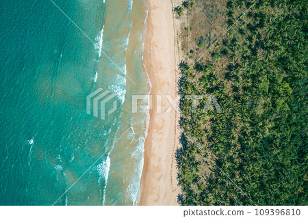 Aerial view to tropical sandy beach and blue ocean. Top view of ocean waves reaching shore on sunny day. Palawan, Philippines. Aerial view to tropical sandy beach and blue ocean. Top view of ocean waves reaching shore on sunny day. Palawan, Philippines. 109396810