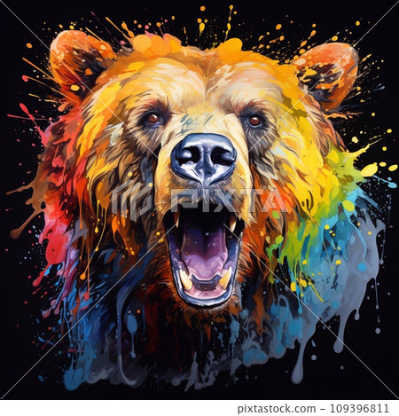 Colorful portrait of a bear on a black background with splashes Colorful portrait of a bear on a black background with splashes 109396811