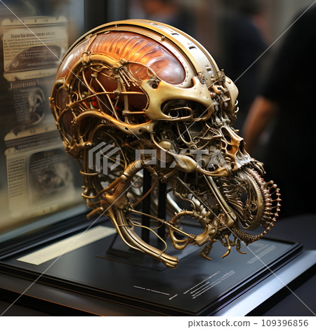 The skull looks strangely like an imaginary extraterrestrial creature. Set up on a base for display in a museum or biology lab. So that scientists and interested people can study the details closely. 109396856