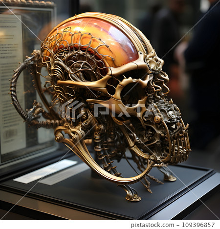 The skull looks strangely like an imaginary extraterrestrial creature. Set up on a base for display in a museum or biology lab. So that scientists and interested people can study the details closely. The skull looks strangely like an imaginary extraterrestrial creature. Set up on a base for display in a museum or biology lab. So that scientists and interested people can study the details closely. 109396857