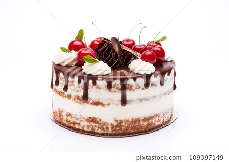 Chocolate cake with cream and cherry on a white background, isolated 109397149