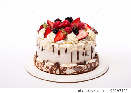 Ice cream cake with fresh berries on white background. Selective focus. 109397151