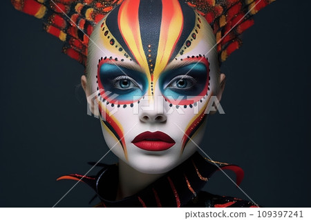 Portrait of fashion model with bright face art, creative make up. Carnival, stage fashion. Generative AI 109397241