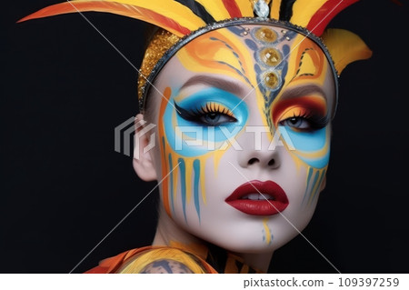 Portrait of fashion model with bright face art, creative make up. Carnival, stage fashion. Generative AI 109397259