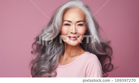 Smiling, elderly, gorgeous Asian woman with gray long hair and perfect skin, on a pink background, banner. 109397270