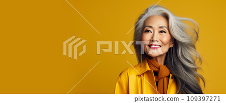 Smiling, elderly, chic Asian woman with gray long hair and perfect skin, on a yellow background, banner. 109397271