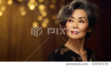 Elegant, smiling, elderly, chic Asian woman with gray hair and perfect skin on golden background banner. 109397276