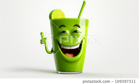 glass of green juice with a cheerful face 3D on a white background. glass of green juice with a cheerful face 3D on a white background. 109397311