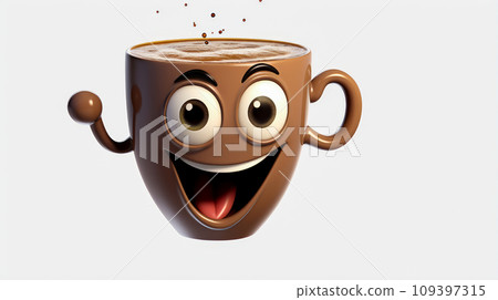 Coffee with a cheerful face 3D on a white background. Coffee with a cheerful face 3D on a white background. 109397315