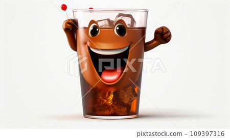 Glass of cola with a cheerful face 3D on a white background. 109397316