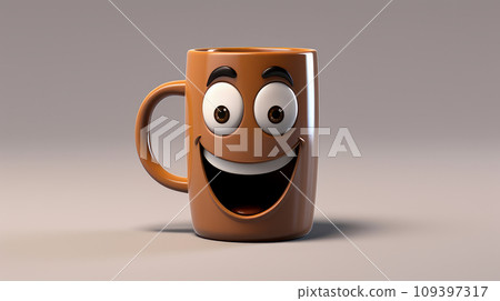 Mug with Coffee with a cheerful face 3D on a white background. Mug with Coffee with a cheerful face 3D on a white background. 109397317
