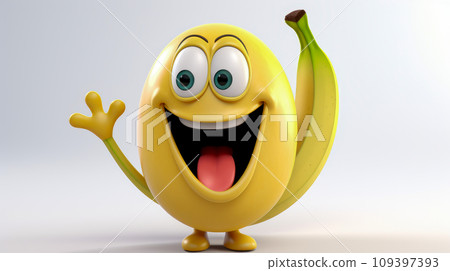Yellow banana with a cheerful face 3D on a white background. 109397393