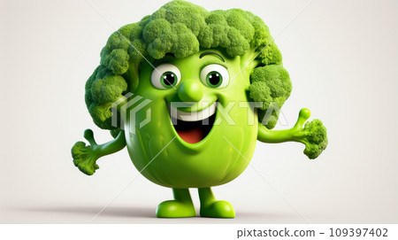 Green broccoli with a cheerful face 3D on a white background. Green broccoli with a cheerful face 3D on a white background. 109397402