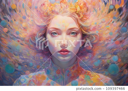 Portrait of girl looking at the camera, multi-colored strokes of paint drawing. Generative AI 109397466