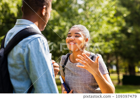 afro american friends sharing knowledge in the university campus at sunny day outdoors in park 109397479