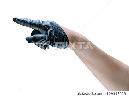 Hand in black leather glove isolated Hand in black leather glove isolated 109397619
