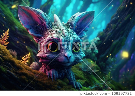 Cartoon mythical character. Deep bright colors, fantastic animal concept art. Generative AI 109397721