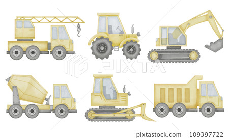 Truck Set Watercolor illustration. Hand drawn clip art of baby toy cars on isolated background. Tractor with lorry and concrete mixer drawing. Sketch of auto crane with excavator and bulldozer. Truck Set Watercolor illustration. Hand drawn clip art of baby toy cars on isolated background. Tractor with lorry and concrete mixer drawing. Sketch of auto crane with excavator and bulldozer. 109397722