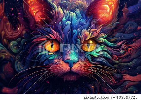 Fantastic portrait of a cat in vibrant colors, cyberpunk style. Generative AI 109397723