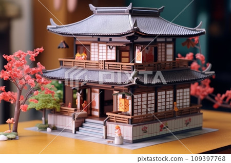 Paper sculpture - house in Japanese style and trees. Origami, paper art style 109397768