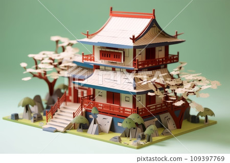 Paper sculpture - house in Japanese style and trees. Origami, paper art style 109397769
