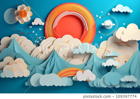 Summer landscape - sun, cloud and sky. Japanese origami, paper art style 109397774