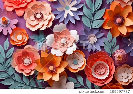 Floral background - blooming multicolored flowers. Origami, paper art style 109397787