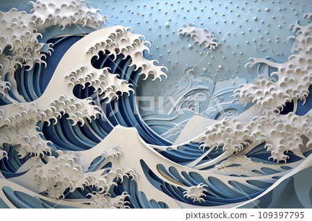 Summer landscape - sea, waves and foam. Japanese origami, paper art style 109397795
