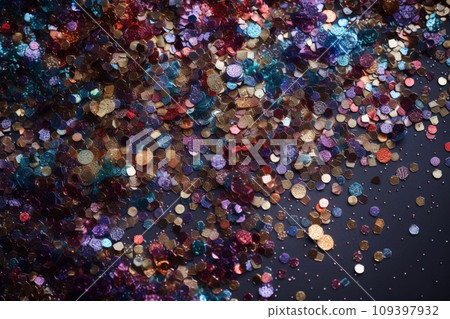 Multicolored glitter sparkle confetti on dark background. Festive decoration. 109397932