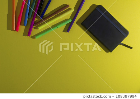 Back to school stationary markers notebook pencil crayons 109397994