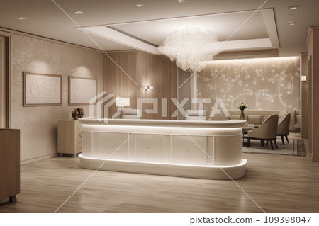 Office lobby with beige reception desk and waiting area. Natural light colors. Workplace, hotel concept 109398047
