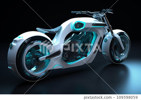 Futuristic white motorcycle with neon lights on black background - the vehicle of the future concept 109398059