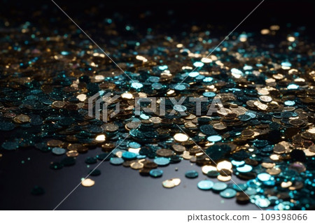 golden sequins close up on black background, shallow dof golden sequins close up on black background, shallow dof 109398066