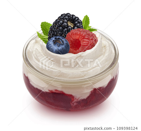 Glass jar of yogurt with forrest berry mix jam isolated on white background 109398124