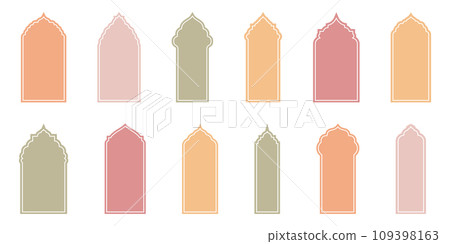 Flat Style Vector Design Showcasing Islamic Shape Window and Doors Frames in Retro Boho Colors. Versatile Illustrations Suitable for Various Design Projects. 109398163