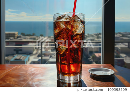 Soda drink with ice in glass on wooden table in cafe, sea and town on background 109398209