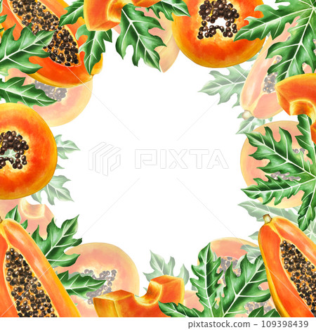 Marker frame and templates with sweet ripe slice of papaya with grains in watercolor style. Hand drawn realistic tasty organic illustration of exotic tropical fruit isolated on background. For Marker frame and templates with sweet ripe slice of papaya with grains in watercolor style. Hand drawn realistic tasty organic illustration of exotic tropical fruit isolated on background. For 109398439