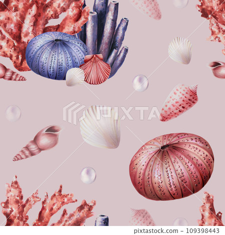 Watercolor seamless pattern with corals, urchin, shells and pearls. Hand painting clipart underwater life objects on a white isolated background. For designers, decoration, postcards, wrapping paper, Watercolor seamless pattern with corals, urchin, shells and pearls. Hand painting clipart underwater life objects on a white isolated background. For designers, decoration, postcards, wrapping paper, 109398443