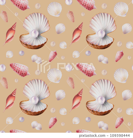 Watercolor seamless pattern with shells and pearls. Hand painting clipart underwater life objects on a white isolated background. For designers, decoration, postcards, wrapping paper, scrapbooking, 109398444