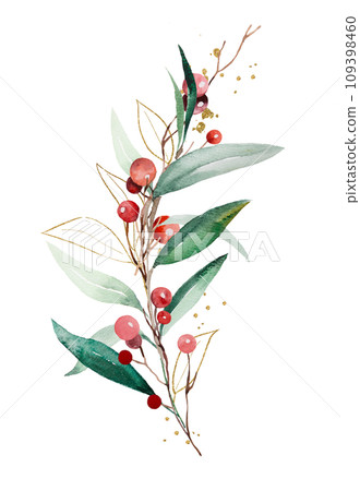 Christmas bouquet with watercolor twigs with green leaves and red berries. Holidays Illustration 109398460