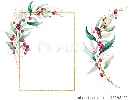 Christmas bouquet and frame with watercolor twigs with green leaves and red berries. Holidays Illustration 109398461