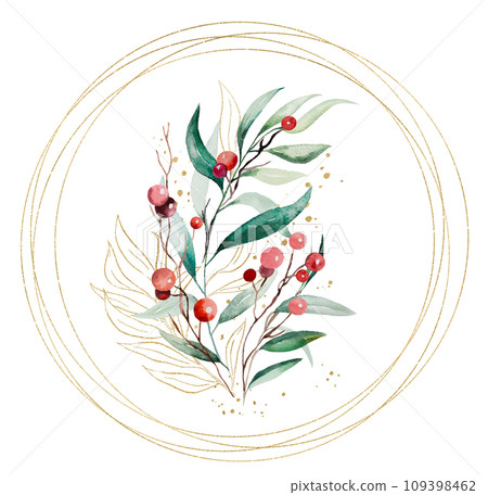 Christmas round frame with watercolor twigs with leaves and red berries bouquet Illustration 109398462